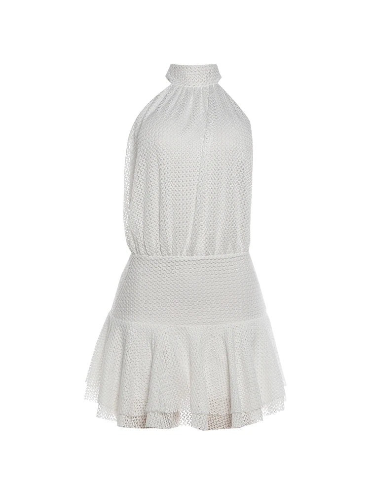 Women Elegant Mini Dress Summer Trend Lace-Up Halter Turtleneck Backless Tierred Design Birthday Party Style Bodycon