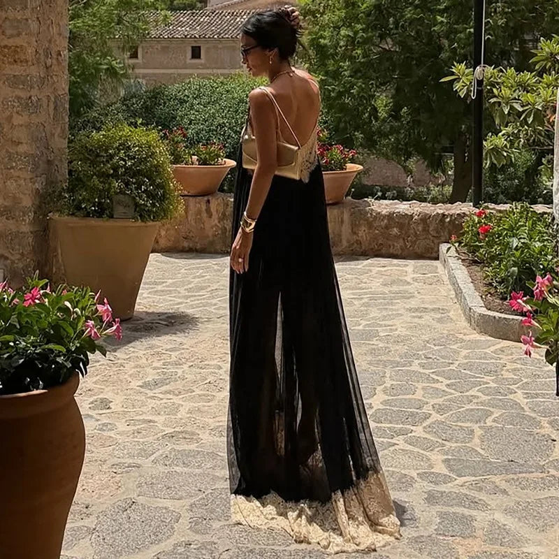 Flowing Black Tulle Maxi Dress Lace Trim Deep V Neck and Hem See Through Mesh Backless Dresses Resort Wear
