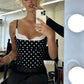 Women Y2k Lace Patchwork Trim Cami Tops Sleeveless Adjustable Spaghetti Strap Polka Dots V Neck Tank Top Summer Clothes