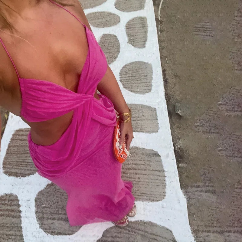 Hollow Backless Split Maxi Dresses Sexy Mesh Sheer Long Party Dress Woman Elegant Resort Wear