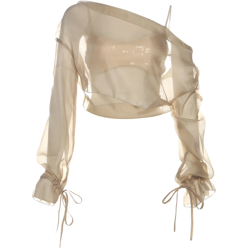 Chic See Through 2 Piece Set Women Y2K Bat Long Sleeve Crop Top+Sequins Applique Skirt Skinny Street Party Sexy Clubwear