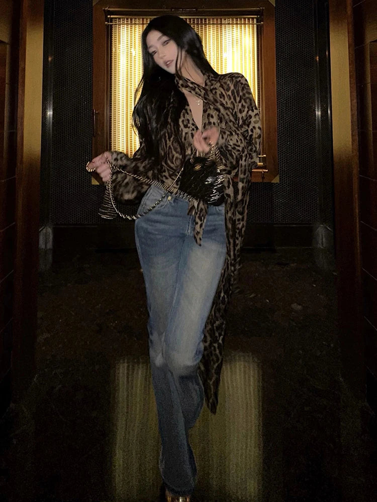 Sexy Leopard Chiffon Shirt Women Halter Ribbon Deep Neck Lace-Up Long Sleeve Elegant Commute Wild Midnight Clubwear