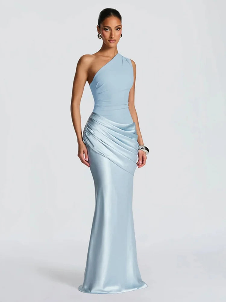 One Shoulder Pleated Satin Patchwork Fishtail Maxi Dresses Sexy Elegant Party Wedding Guest Dress Women