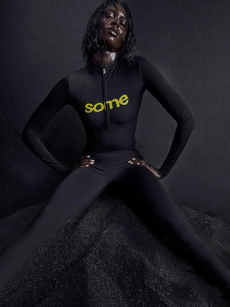 Casual Sporty Women2 Piece Set Letter Print Zip Crop Tops+Leggings Matching Street Stretch Skinny Streetwear Outfits