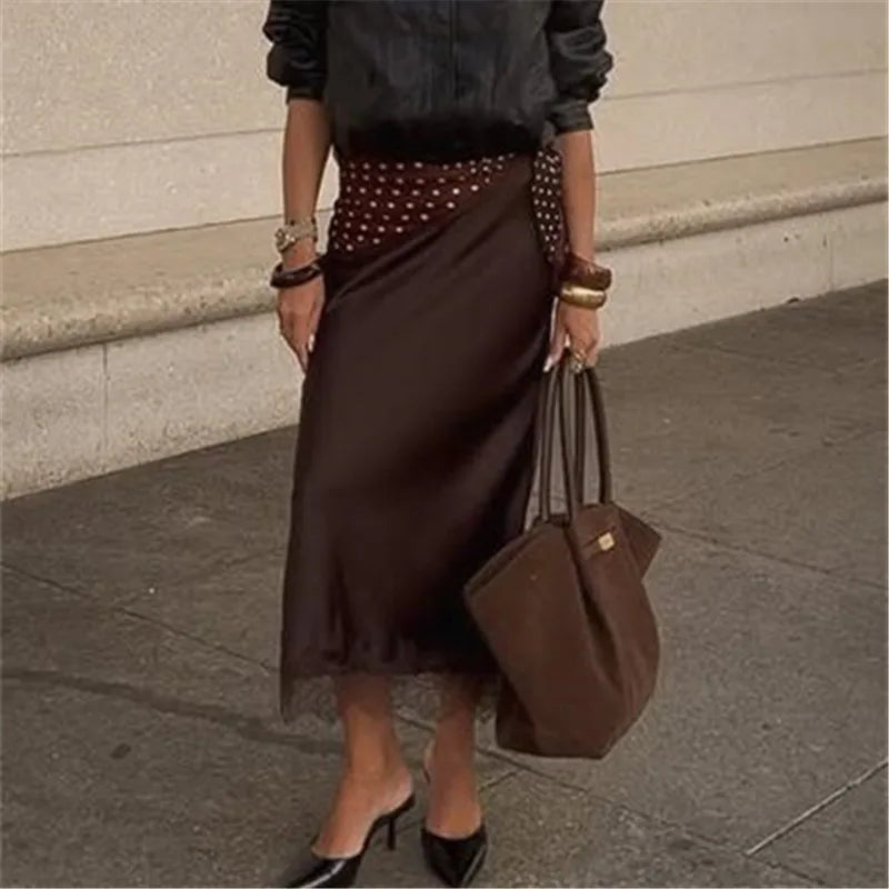Elegant Lady Elastic Waist Silky Lace Trim Midi Skirt Women Satin Lace Long Skirt Y2k Half Slip Maxi Skirts Under Dress