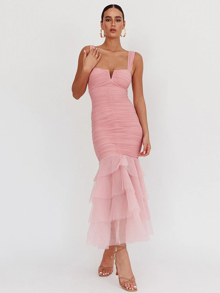 Mesh Backless Sexy Maxi Dress For Women Gown Two Layer Spaghetti Strap Sleeveless Ruched Bodycon Club Party Dress