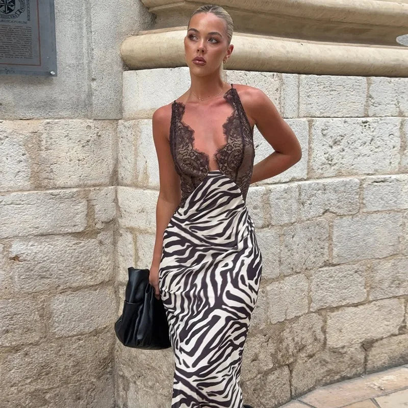 Abstract Zebra Print Black Lace Dresses Spaghetti Strap V Neck Backless Maxi Dress Sexy Vacation Outfits