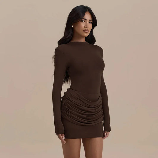Long Sleeve Ruched Mini Dress Fashion Fall Winter Solid Color Bodycon Dresses for Woman Clothes