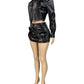 Hottie Punk PU 2-Piece Set Women Lapel Single Breasted Jacket+Zip Pocket Shorts Skinny Street Hipster Clubwear Outfits
