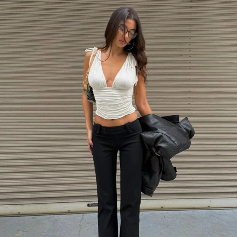 Lace Up Deep V Neck Sleeveless Crop Tops Summer 2026 Sexy Going Out Top Woman Clothes