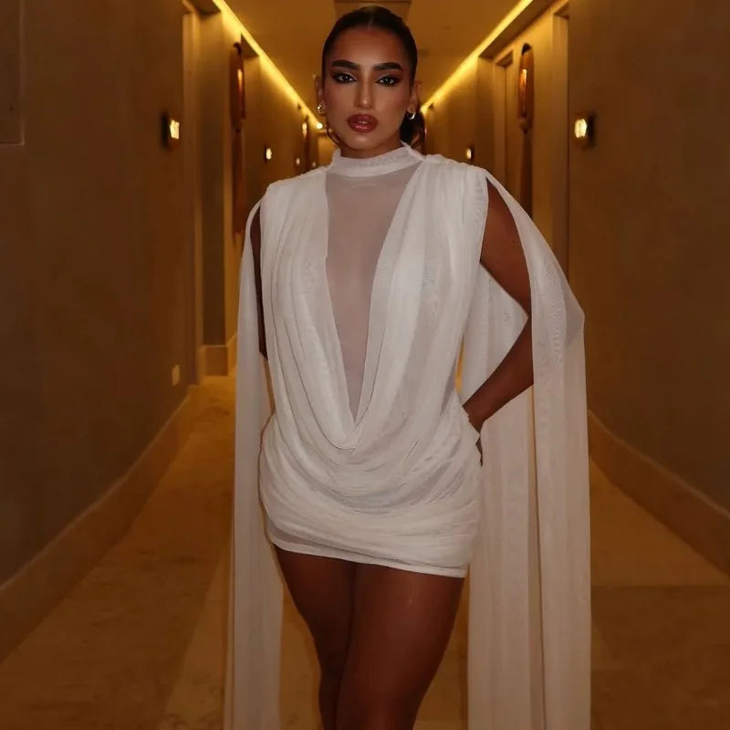 Pleated Mesh Mini Dress with Cape Sleeve See Through White Party Dresses Sexy Club Wear Woman Clothes