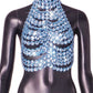 Women Crystal Chain Halter Crop Top Backless Rhinestone Linked Discs Bralette Sexy Sparkly Body Jewelry Party Clubwear