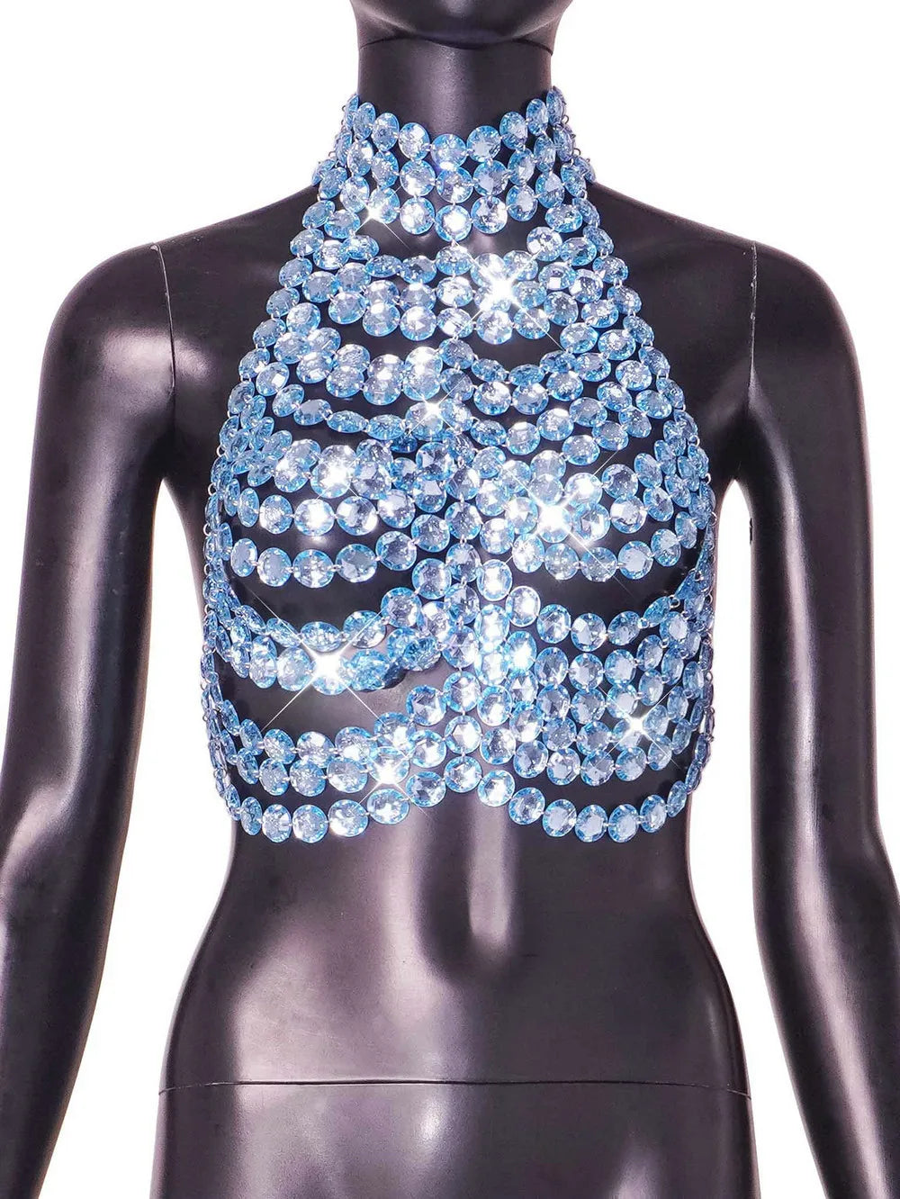 Women Crystal Chain Halter Crop Top Backless Rhinestone Linked Discs Bralette Sexy Sparkly Body Jewelry Party Clubwear