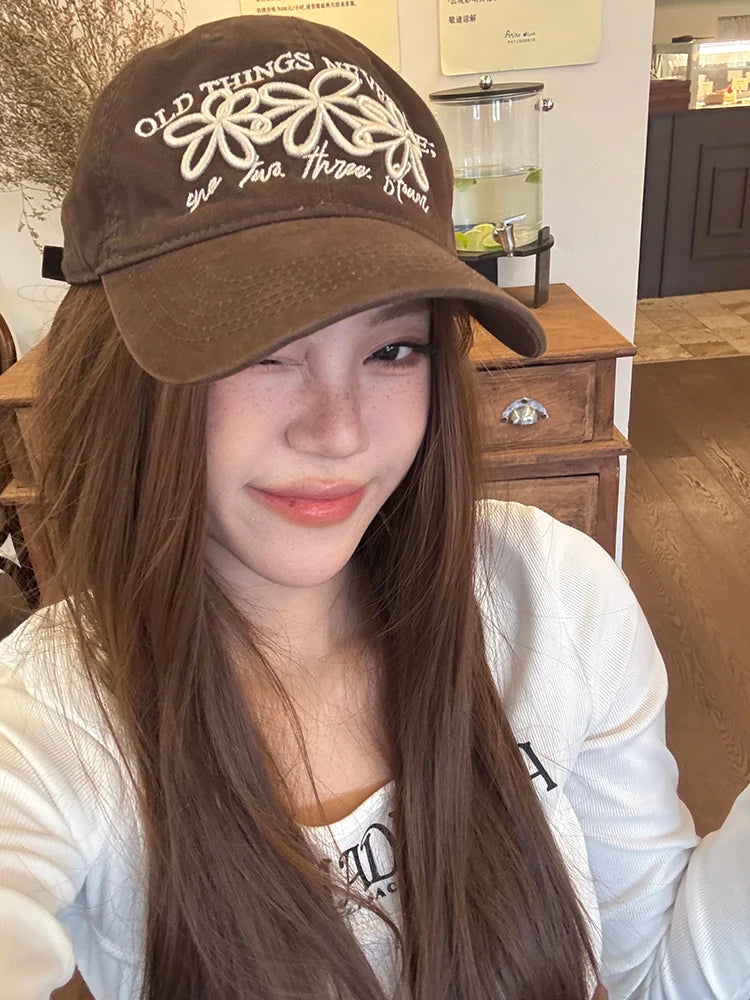 Vintage Washed Cotton Baseball Cap with Cute Flower Embroidery