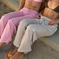 Women Ruffle Drawstring Elastic Waist Striped Wide Leg Pants Soft Loose Lightweight Beach Casual Daily Wear Trousers