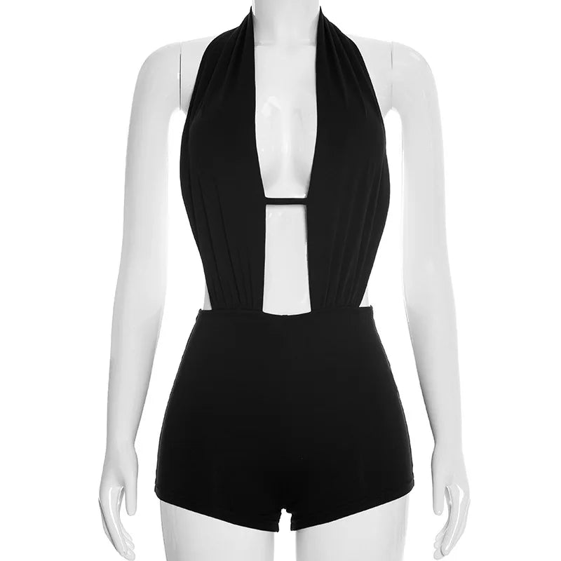 Women Deep V Halter Cut Out Bodysuit Shorts Backless Romper Sexy Night Club Party Outfit Black Bodycon Short Jumpsuit