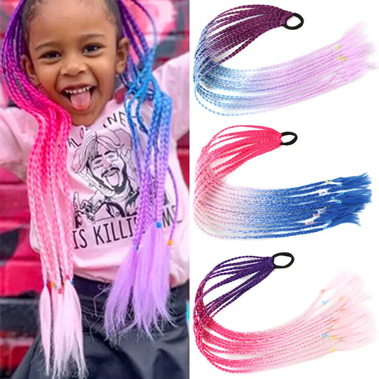 Synthetic Colored Braided Ponytail Hair Extension Rainbow Color Braids Pony Tail With Elastic Band Girl's Pigtail