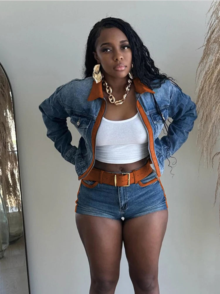 Denim Hipster 2piece Set Woman Pocket Zip Polo-Neck Crop Jacket+Skinny Shorts Street Vintage Casual Matching Outfits
