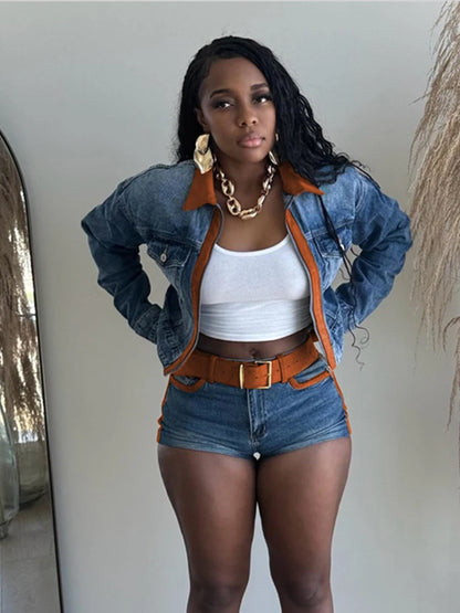 Denim Hipster 2piece Set Woman Pocket Zip Polo-Neck Crop Jacket+Skinny Shorts Street Vintage Casual Matching Outfits