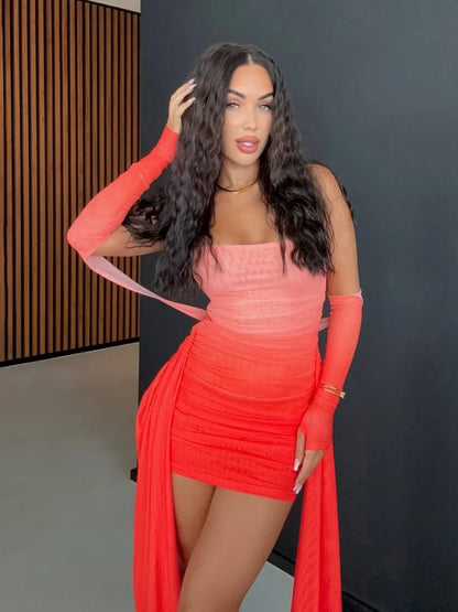 Off The Shoulder Mini Dress with Long Sleeves Sexy Mesh Sheer Birthday Party Dresses Woman Fashion 2025