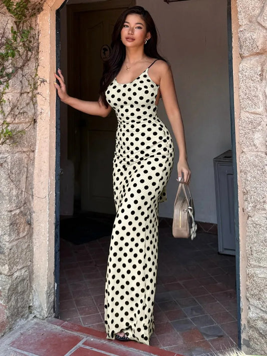Retro Polka Dot Print Sleeveless Backless Maxi Dress Elegant Sexy Holiday Dresses Woman
