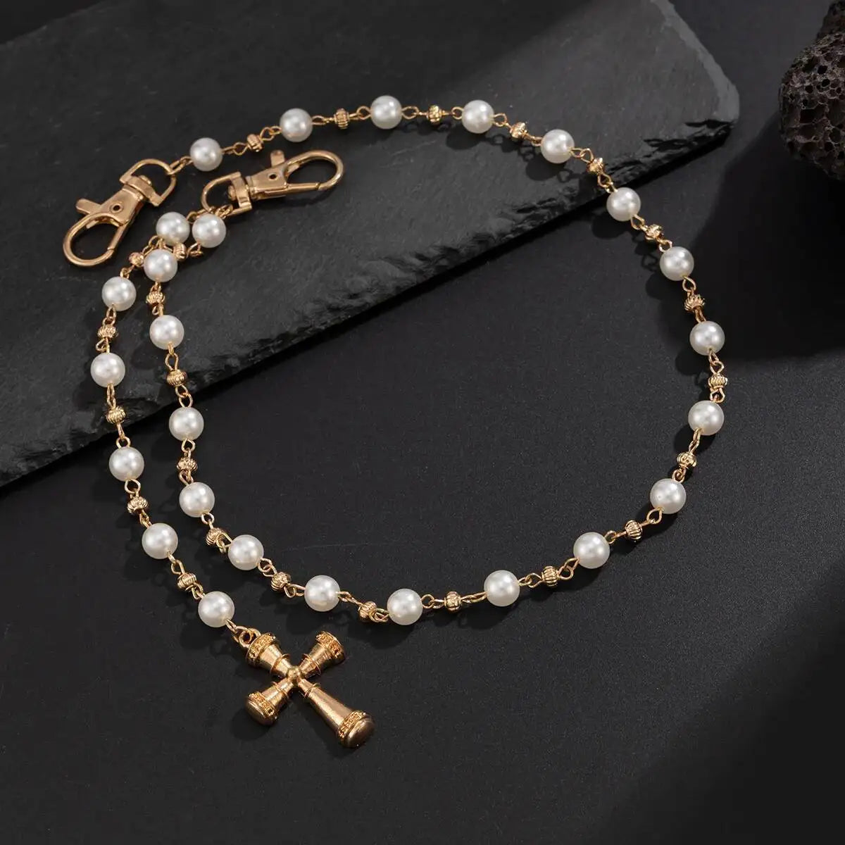 Creative Cross Pendant Imitation Pearl Keychain Wallet Belt Chain for Men Women Trousers Hipster Jeans Chain Jewelry