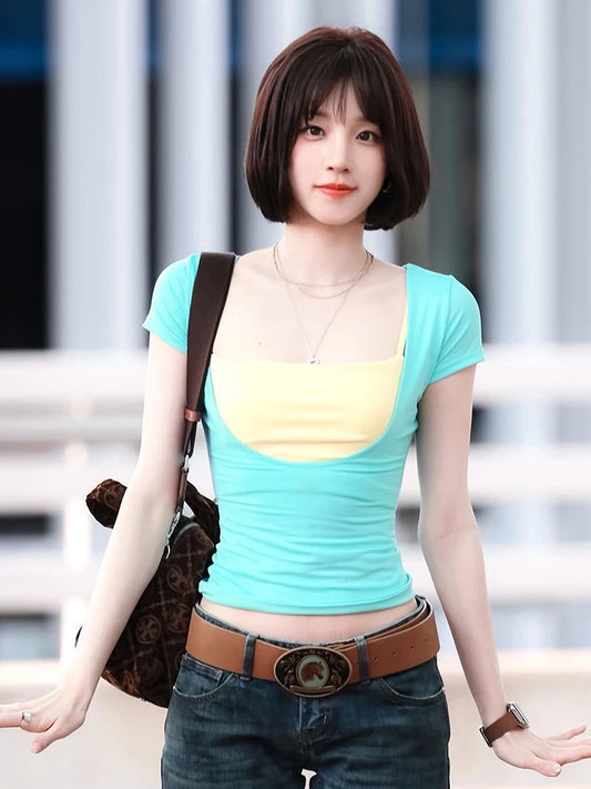 T-Shirt+Camisole 2Piece Set Women Trend Hottie Low-Neck Short Sleeve Stretch Fashion Casuals Classic Party Streetwear