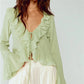 Y2K Retro Raw Fringe Ruffle Crop Blouse Women Crinkled Texture V Neck Tie Front Flare Long Sleeve Casual Street Shirts
