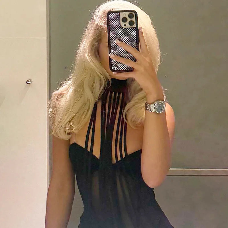 Black Halter Neck Mini Dress Woman Clothes Sexy Club Outfits Going Out Mesh Sheer Dresses New Arrival 2026