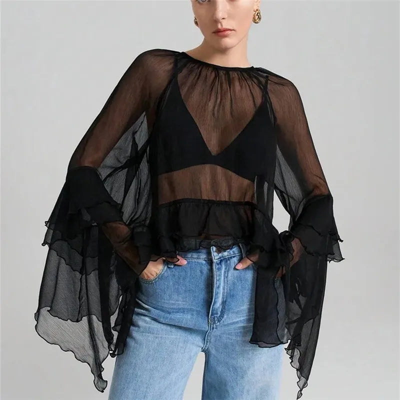 High Street Solid Color Ruffled Long Sleeve Loose Elegant Ladies Tops Shirt Women Sheer Chiffon Blouse Y2K Streetwear