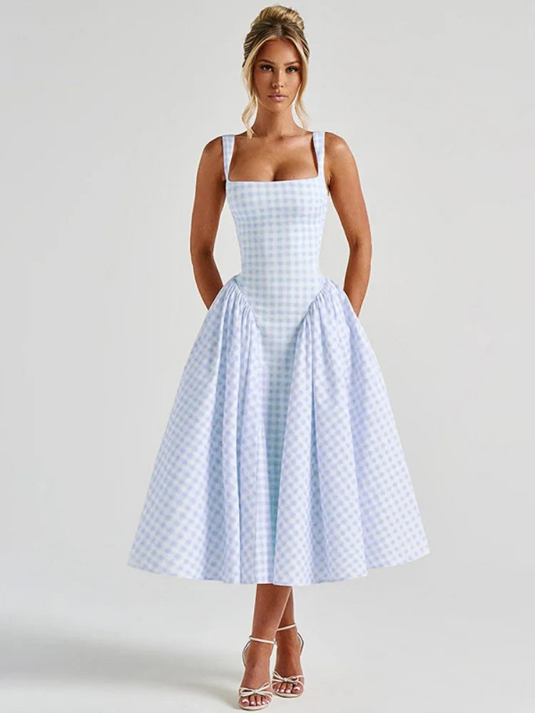 Square Neck Sleeveless Backless A-line Long Dresses Princess Style Pink Plaid Dress Summer Elegant