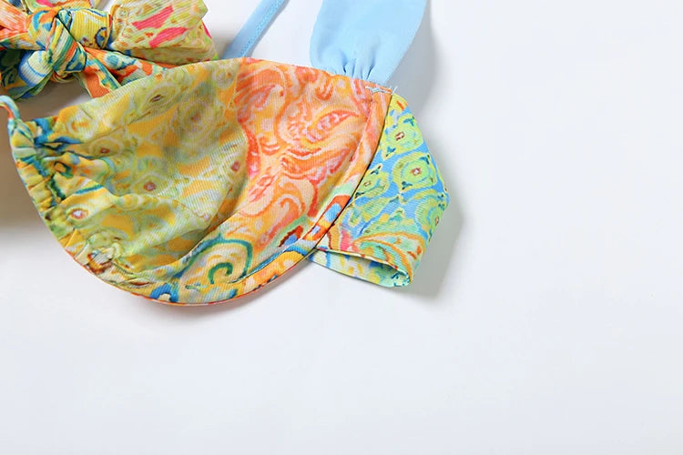 Hollow 2 Piece Set Women Colorful Print Bra Tops+High-Waist Maxi Skirts Summer Vacation Matching Midnight Clubwear