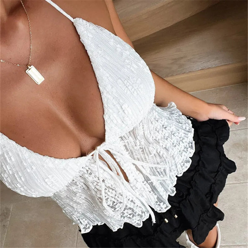 Summer Women Y2K Lace Shirt Sexy Halter Neck Deep V Neck Crop Top Tie Front Sleeveless Strappy Cami Shirt Streetwear