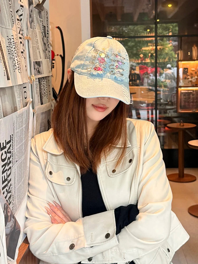 Women's Y2K Distressed Denim Baseball Cap, Bead Embellished Washed Jean Dad Hat, Adjustable Streetwear Sun Hat