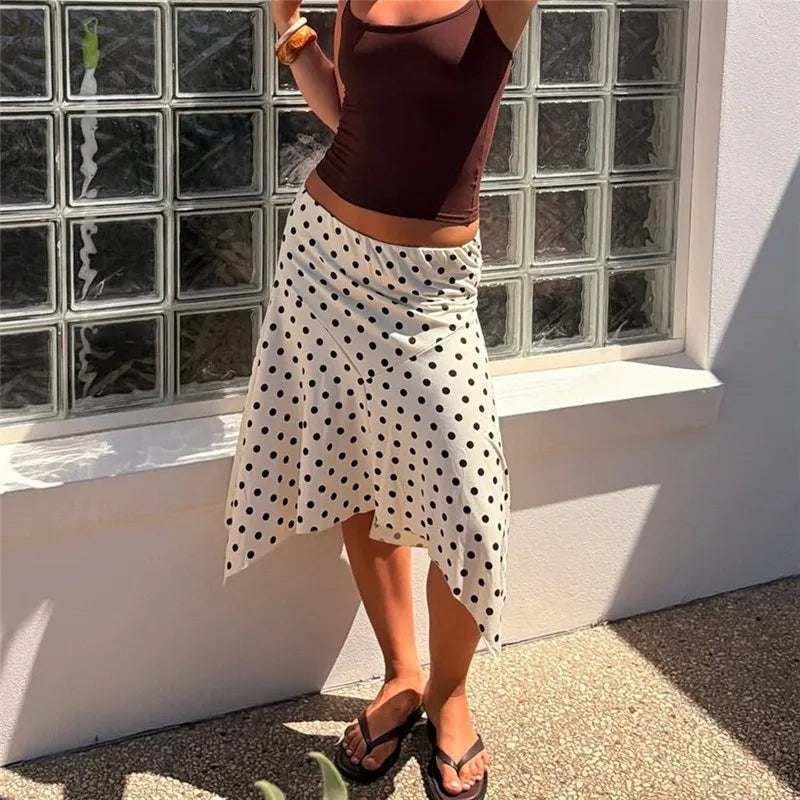 Women's Midi Skirt Stylish Dot Print/Striped A Line Casual Irregular Hem Low Rise Skirts for Summer Vacation Streetwear