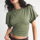 Women's Boat Neck Flutter Sleeve Ruched Side Cropped T-Shirt Solid Color Slim Fit Casual Short Sleeve Top for Summer