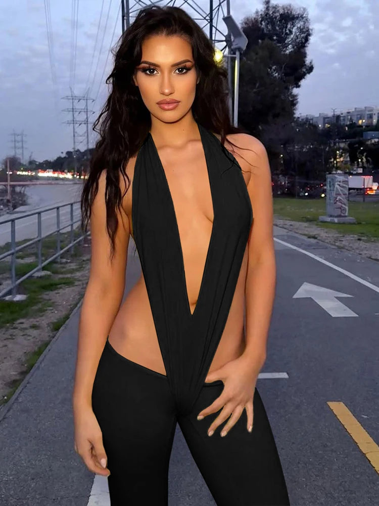 Irregular Hollow Sexy Jumpsuits Women Bandage Halter Deep V-Neck Backless Skinny Stretch Hot Girls Hipster Streetwear