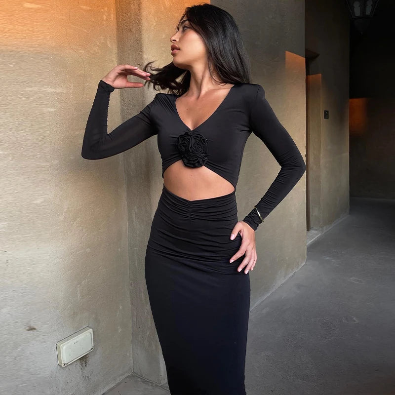 Women 2024 Spring Autumn Long Sleeve Party Club Streetwear Bodycon Black Long Dress