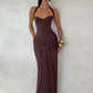 Halter Backless Sexy Maxi Dress Women Elegant Sleeveless Ruched Waist Draped Bodycon Club Party Evening Cocktail Dress