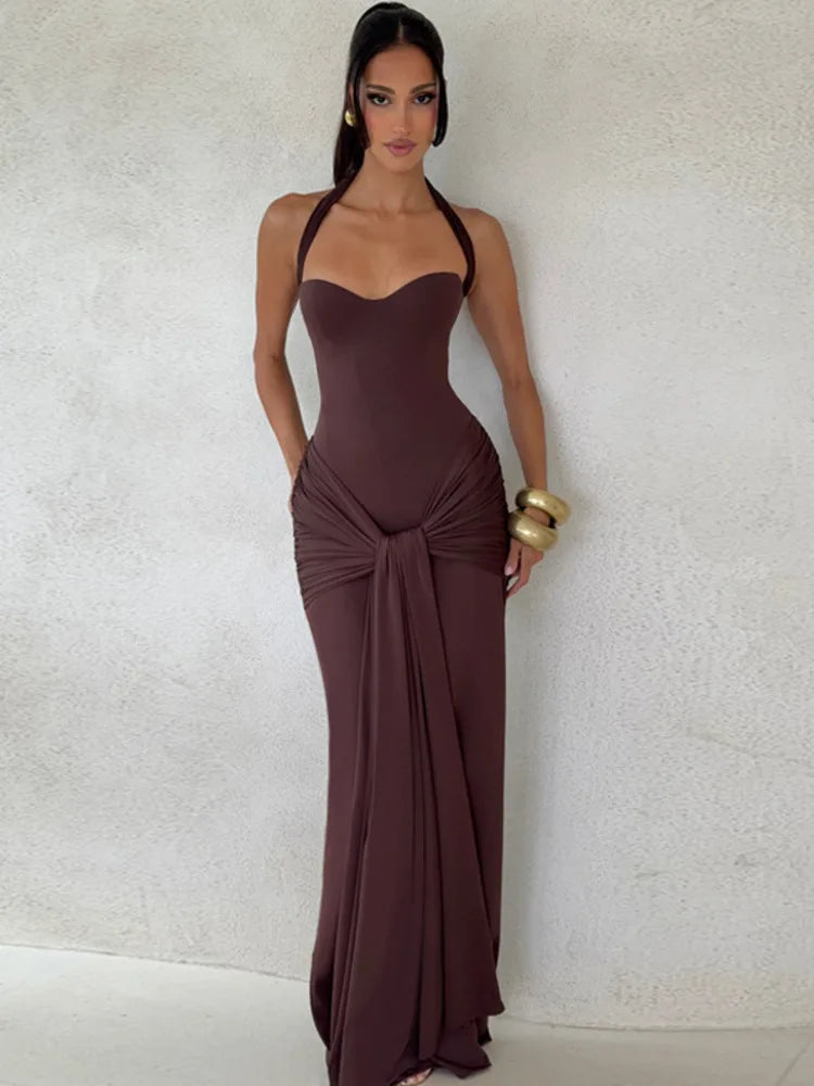 Halter Backless Sexy Maxi Dress Women Elegant Sleeveless Ruched Waist Draped Bodycon Club Party Evening Cocktail Dress