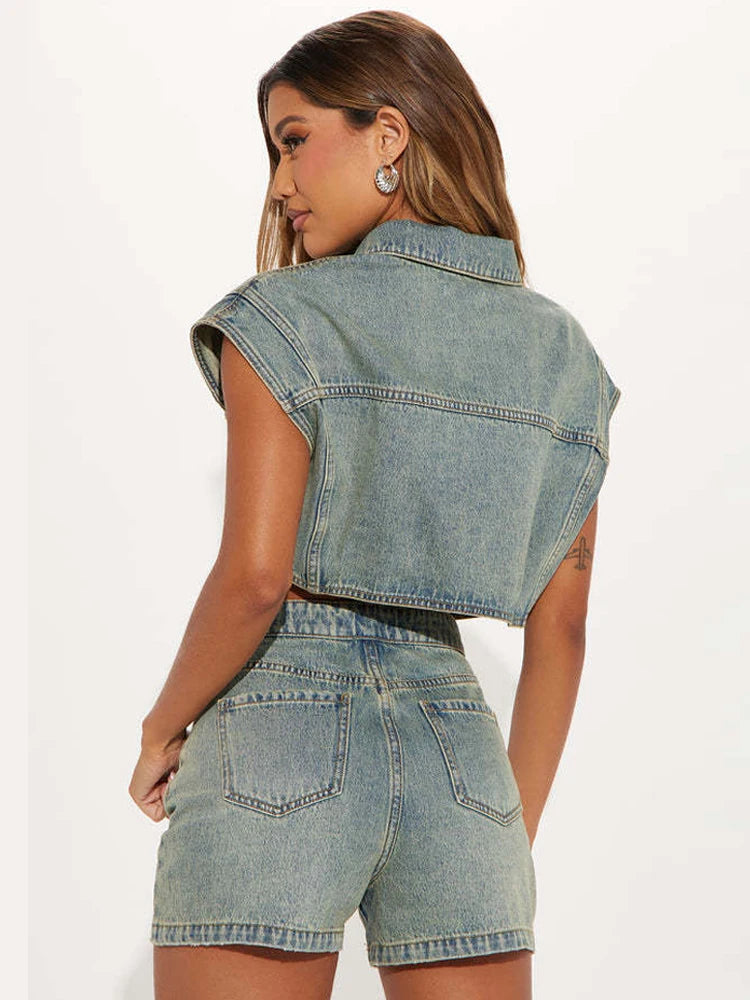 Patchwork Women 2 Piece Set Frock Tracksuit Single-Breasted Pocket Tank Tops+Lapel Short Matching Streetwear Outfits