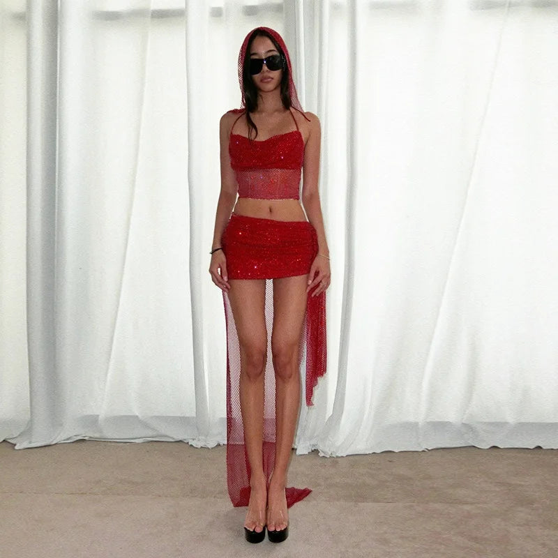 Sparkling Mesh 2 Piece Short Sets Women Hooded Crop Top Asymmetrical Skirt Sexy Rave Outfits Summer Co Ords
