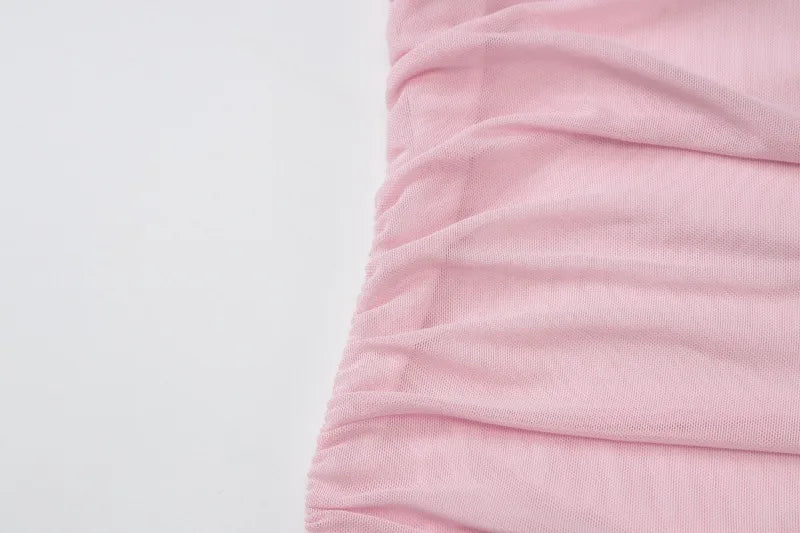 Pink Mesh Tube Top Long Skirt Suit Two Piece Set Woman Elegant Sexy Wedding Guest Outfit