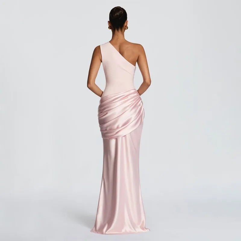 Satin Splicing One Shoulder Draped Maxi Dress Evening Gown Woman Party Dresses Elegant Sexy