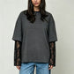 Women Fake Two Piece Striped T Shirt Oversized Short Sleeve Top Sheer Floral Lace Flare Long Sleeve Underlayer Loose Tee