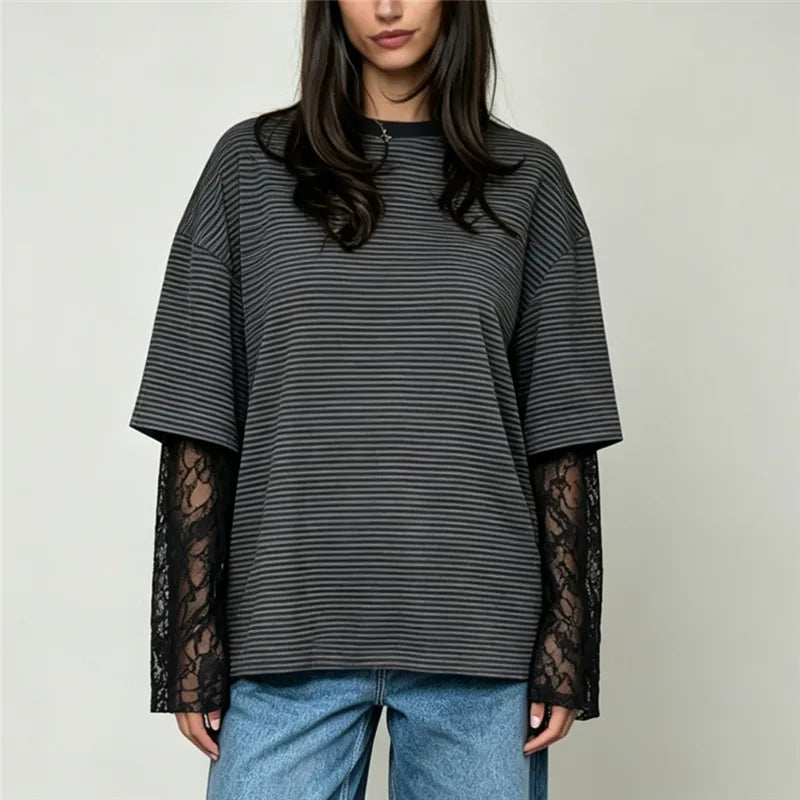 Women Fake Two Piece Striped T Shirt Oversized Short Sleeve Top Sheer Floral Lace Flare Long Sleeve Underlayer Loose Tee