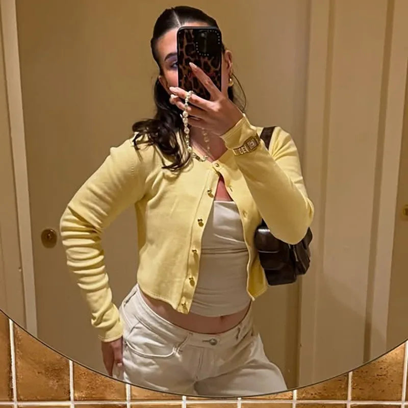 Yellow Cardigan Woman Clothes Fall Solid Color Ribbed Knitted Sweaters Button Up Long Sleeve Top