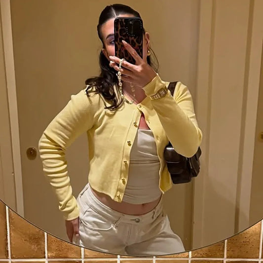 Yellow Cardigan Woman Clothes Fall Solid Color Ribbed Knitted Sweaters Button Up Long Sleeve Top