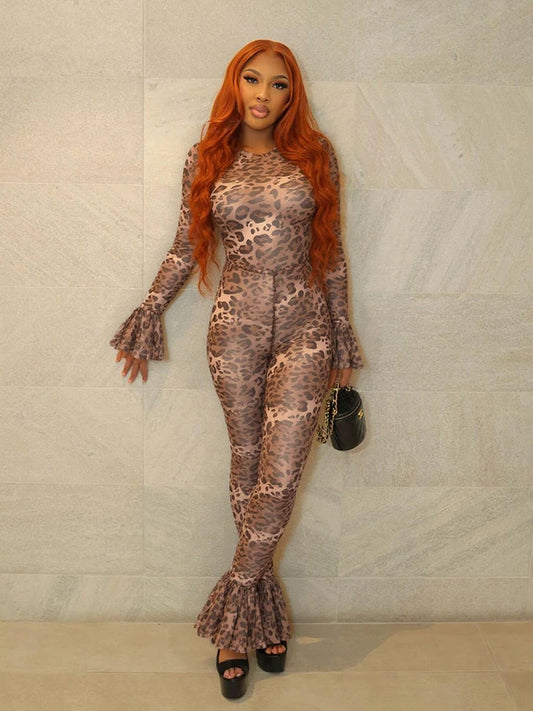 Leopard Print Flared Jumpsuit Women Sexy See Through o-Neck Full Sleeve Skinny Peach Hip Street Wild Style Overalls