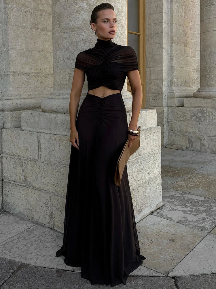 Hollow Out Short Sleeve Sexy Maxi Dress Women Fashion O Neck Ruched High Waist Bodycon Club Party Long Dress Female